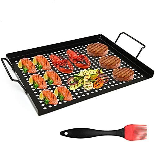 AQUEENLY Grill Basket Nonstick Grill Topper with Holes, BBQ Grill Tray Vegetable Grill Pans for O... | Amazon (US)