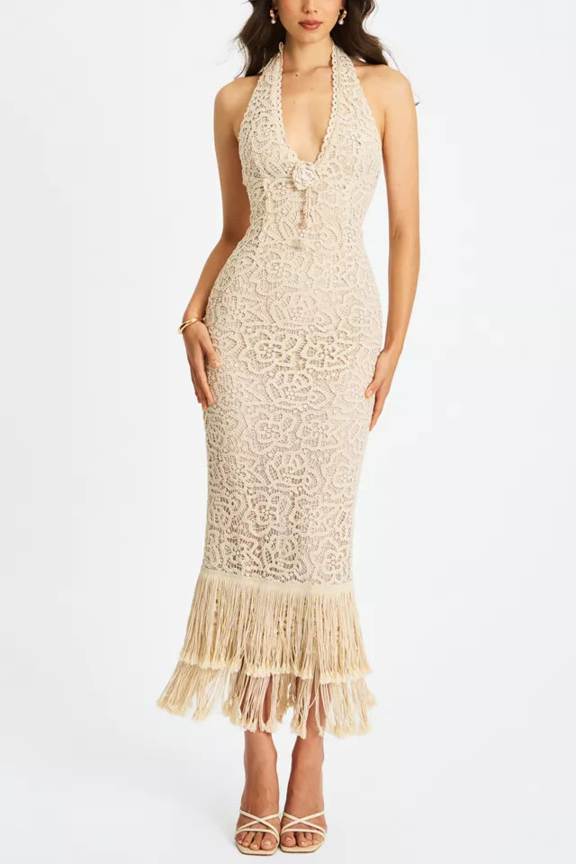 Miss Circle Faelyn Fringe Crochet Halter Maxi Dress in Off White, Women's at Urban Outfitters | Urban Outfitters (US and RoW)