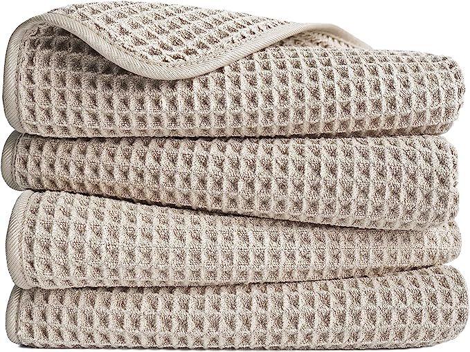 POLYTE Microfiber Lint Free Hand Towel, 16 x 30 in, 4 Pack (Beige, Waffle Weave) | Amazon (US)