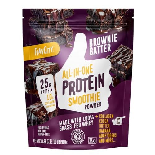 FlavCity Brownie Batter Chocolate Protein Powder, All in One Smoothie + Collagen Peptides, Reishi & Cordyceps - Focus, Skin, Hair & Joint Support - 100% Grass Fed Whey, Organic Cocoa, 20 Servings | Amazon (US)