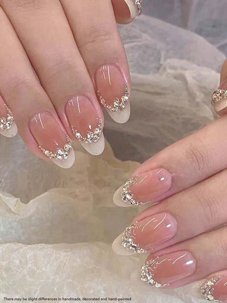 10Pcs Handmade Nail Art, Pink White French Flash Diamond Nail Art, Daily High-End Sweet Nail Art, Cute Creative Nail Art, Cartoon Sweet Cool, Unique High-End Nail Art, Valentine'S Day Nails Y2K Style Nail Art Minimalist Press On Nails Nail Supplies Nails | SHEIN