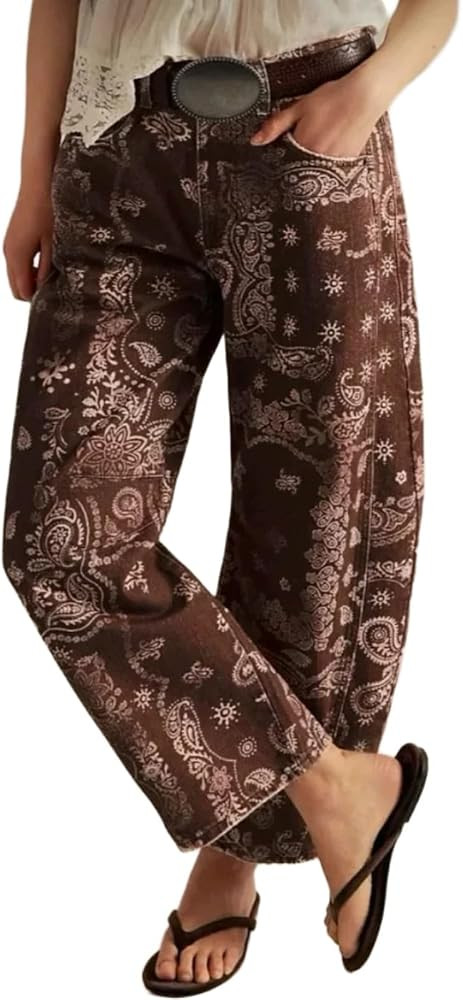 Women Boho Paisley Print Jeans High Waisted Wide Leg Denim Pants Vintage Floral Pattern Straight ... | Amazon (US)