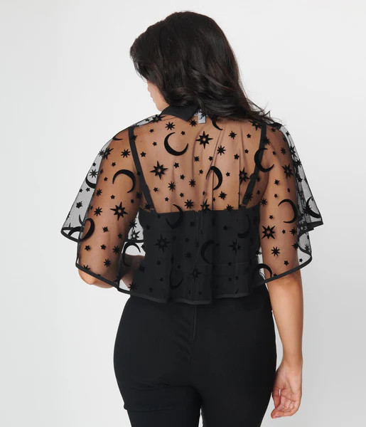 Unique Vintage Black Flocked Moon & Stars Clarke Capelet | UniqueVintage