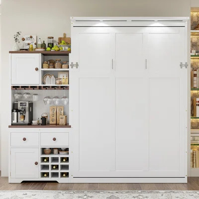 Queen Size Murphy Bed with Storage Cabinet, Wine Rack, Glass Holder, Drawers and Multi-Color LED Strip, White | Wayfair North America