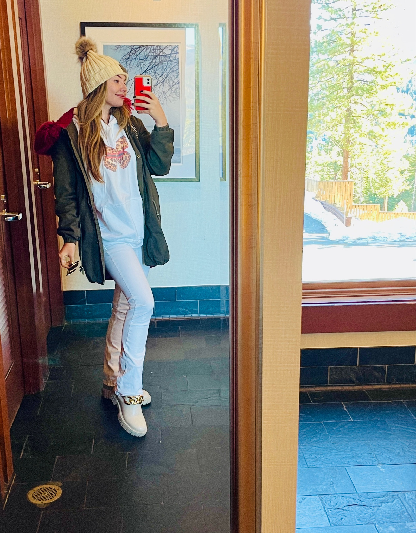 Cute and easy snow outfit! My boot cut jeans are a size 4 from White House Black Market. So comfy and lots of stretch. Love my green parka! Linked an awesome one on sale right now. Check out Sassy Queen’s super cute designer inspired sweatshirts! Love them for winter time. Linked similar boots and a beanie too :) 

#LTKstyletip #LTKfit #LTKSeasonal