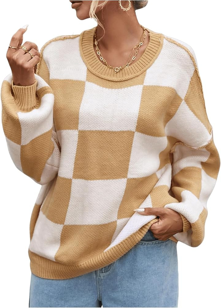SOLY HUX Women's Checkered Sweater Oversized Chunky Sweaters for Women Trendy Knitted Pullover Cu... | Amazon (US)