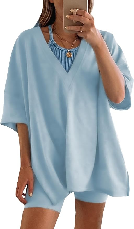 Lianlive 2 Piece Outfits Women's Oversized T-Shirts Biker Short Sets Hot Shot Reversible Set | Amazon (US)