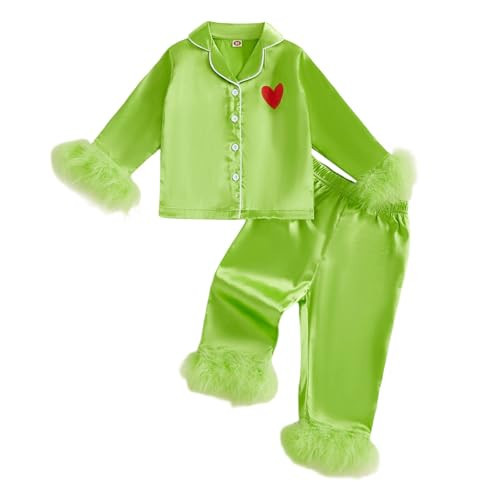 Kavousa Toddler Kids Girl Christmas Pajamas Green Heart Satin Silk Button Down Pajama Little Girls Christmas Matching Pjs (Green Pjs, 13-14 Years) | Amazon (US)