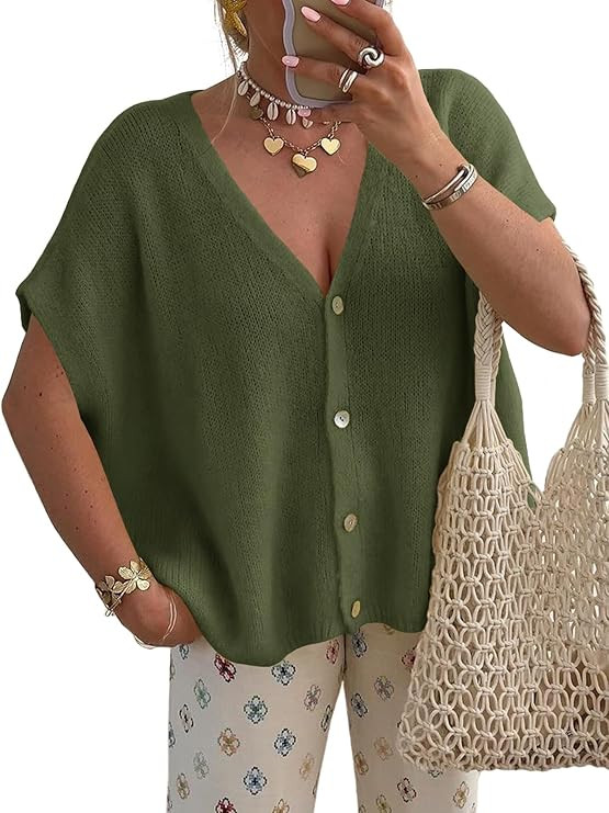 Saodimallsu Womens Spring Oversized Cardigans Batwing Short Sleeve Lightweight Button V Neck Casu... | Amazon (US)