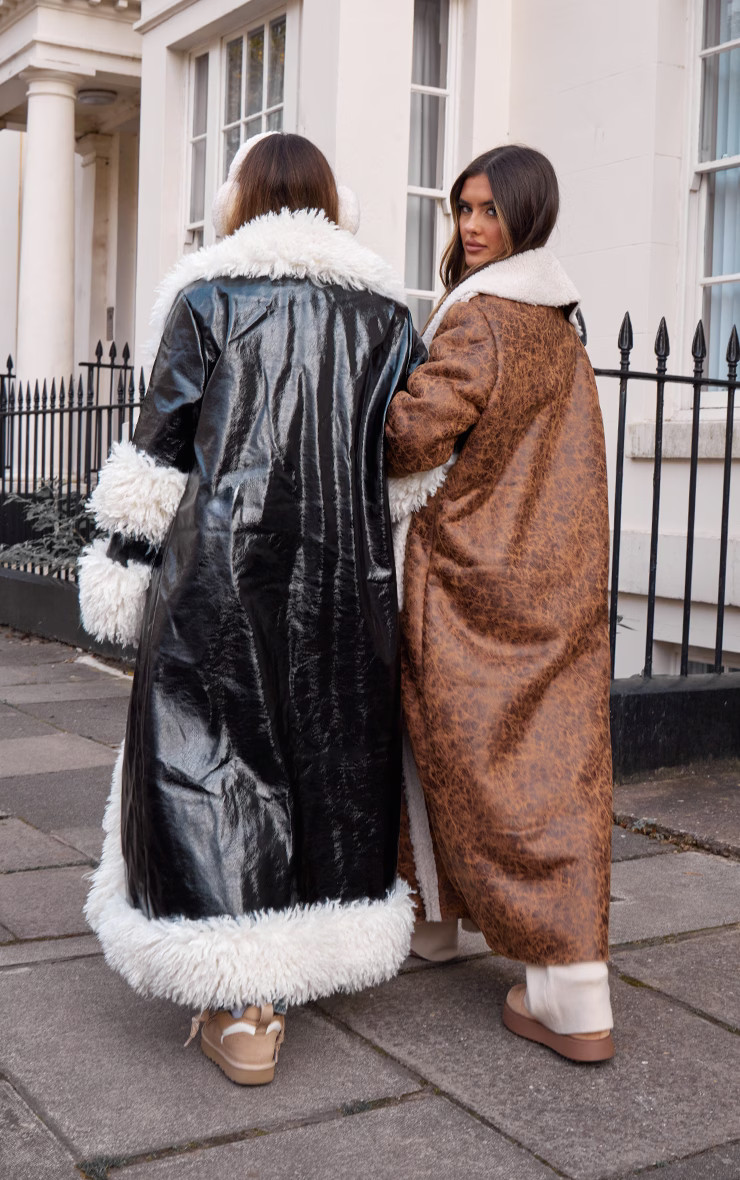 Brown Borg Lined Distressed Faux Leather Maxi Coat | PrettyLittleThing UK