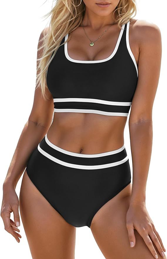 Blooming Jelly Women's High Waisted Two Piece Bikini Sets Color Block High Cut Swimsuits | Amazon (US)