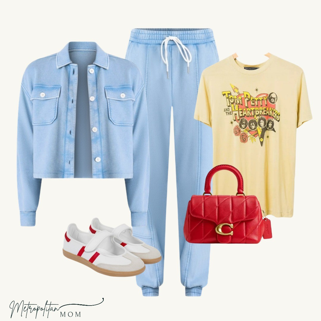 Denim look. Sweatsuit comfort. ❤️Looks like a cropped denim set… feels like your favorite sweats.Added a little edge with the yellow Tom Petty tee, Mary Jane sneakers, and a pop of red. Casual, cool, and wildly comfortable.

#LTKOver40 #LTKTravel #LTKmomlife