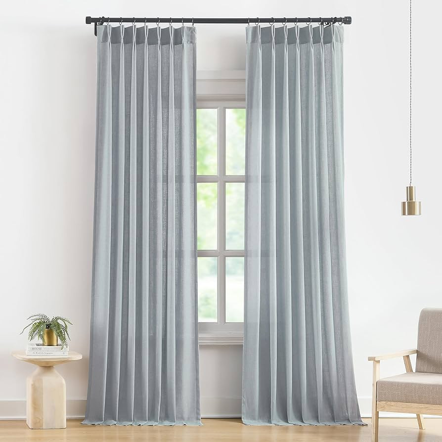 Vision Home Blue Grey Pinch Pleated Semi Sheer Curtains Textured Linen Blended Light Filtering Wi... | Amazon (US)