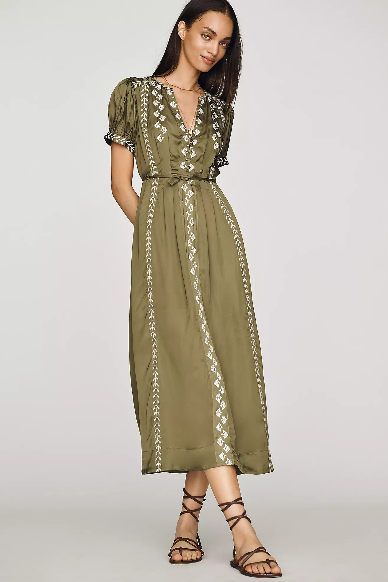 By Anthropologie Satin Embroidered Midi Dress | Anthropologie (US)