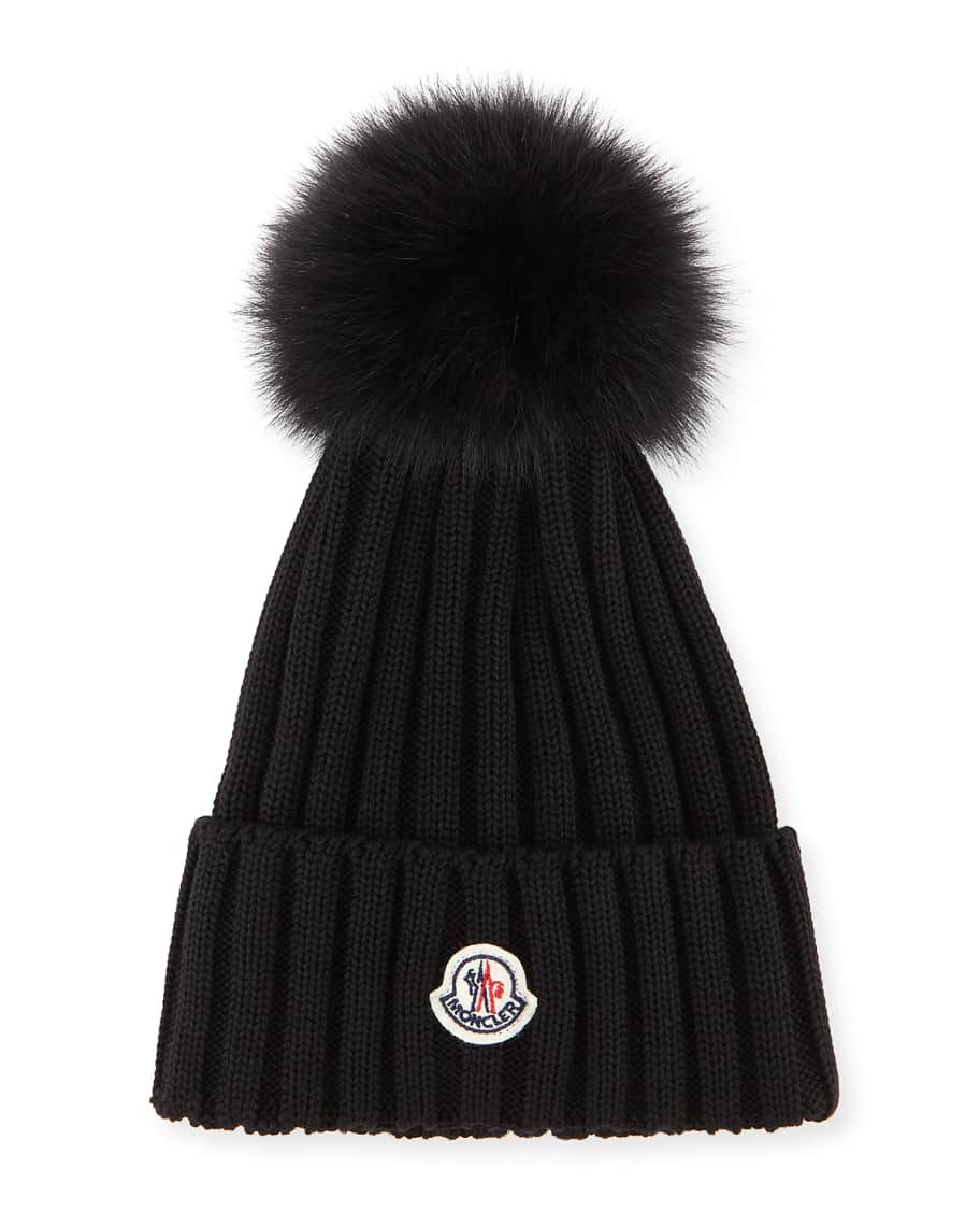 Moncler Ribbed-Knit Beanie Hat w/Fur Pompom, Black | Neiman Marcus