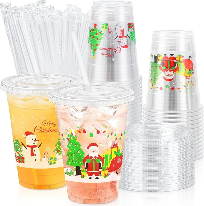 Lamosi 50 Pack 16 oz Christmas Clear Plastic Cups with Lids and Straws, Disposable Snowman Santa ... | Amazon (US)