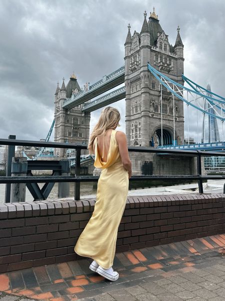 London Outfits - Abercrombie & Fitch Plunge Cowl Back Maxi Dress in Yellow - Wearing size XS

#LTKtravel #LTKstyletip #LTKSeasonal