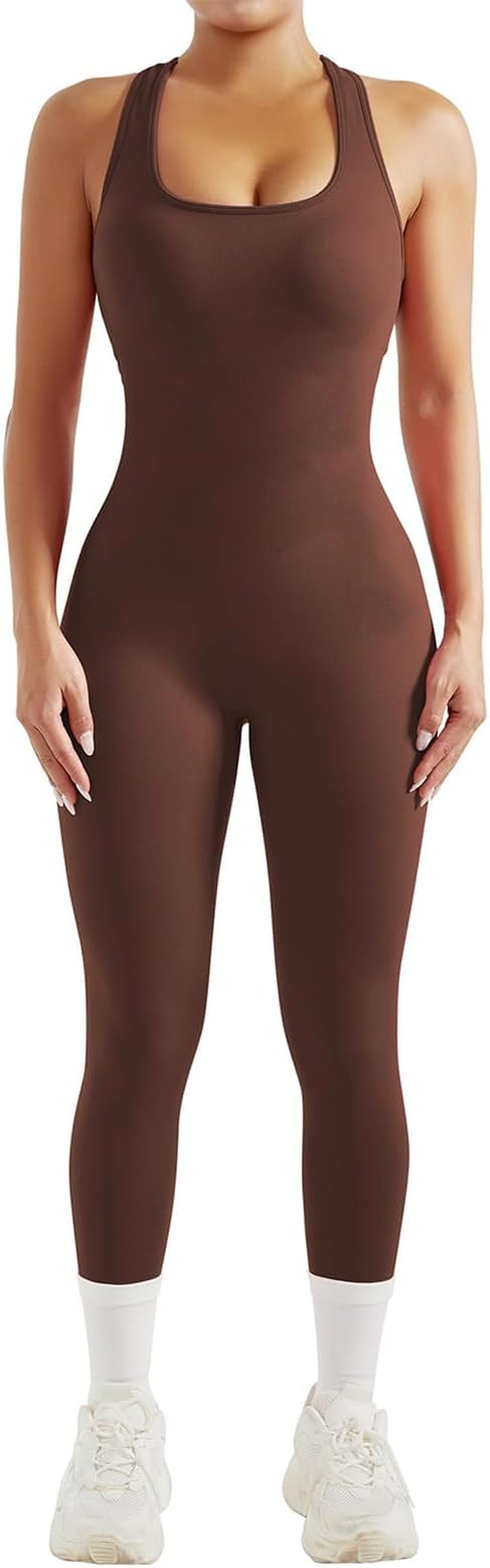 Womens Workout Jumpsuit Sleeveless U Neck Bodycon One Piece Romper Slim Fit Gym Yoga Clothes (Cof... | Amazon (US)