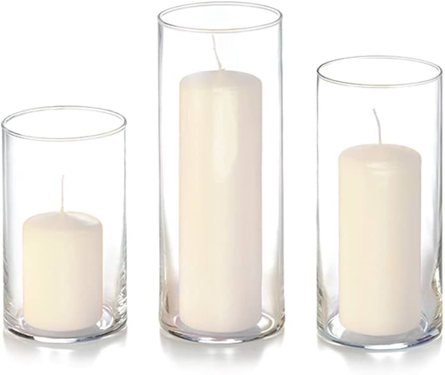 Yummi Set of 36 Slim Pillar Candles and Cylinder Vases - Ivory | Amazon (US)