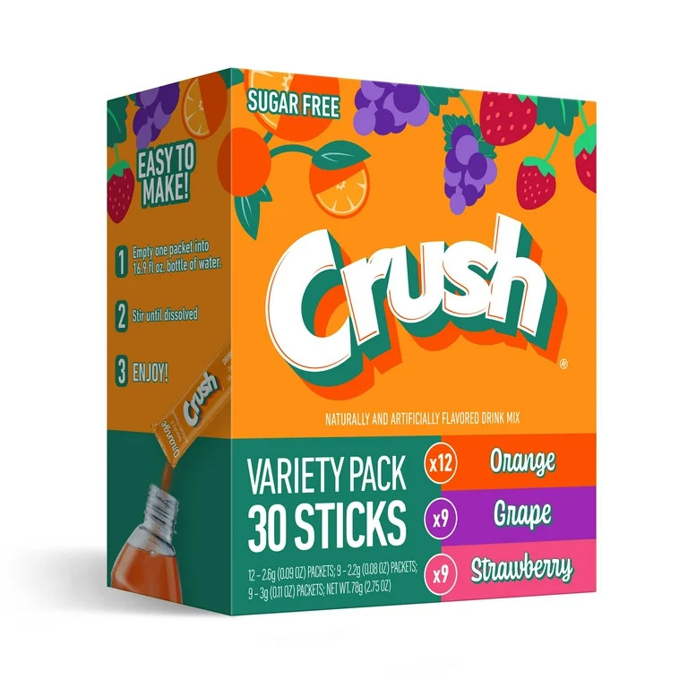 Crush Powdered Drink Mix Variety Pack, Orange, Grape, Strawberry, 30ct, On the go packets, Sugar ... | Walmart (US)