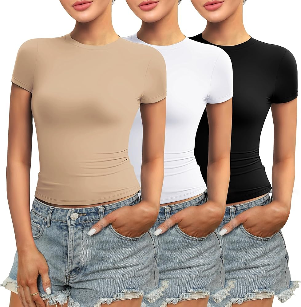 WIHOLL Women's Summer Short Sleeve Tops Crew Neck Y2K Crop Tops Slim Fit T Shirts Basic Tee | Amazon (US)
