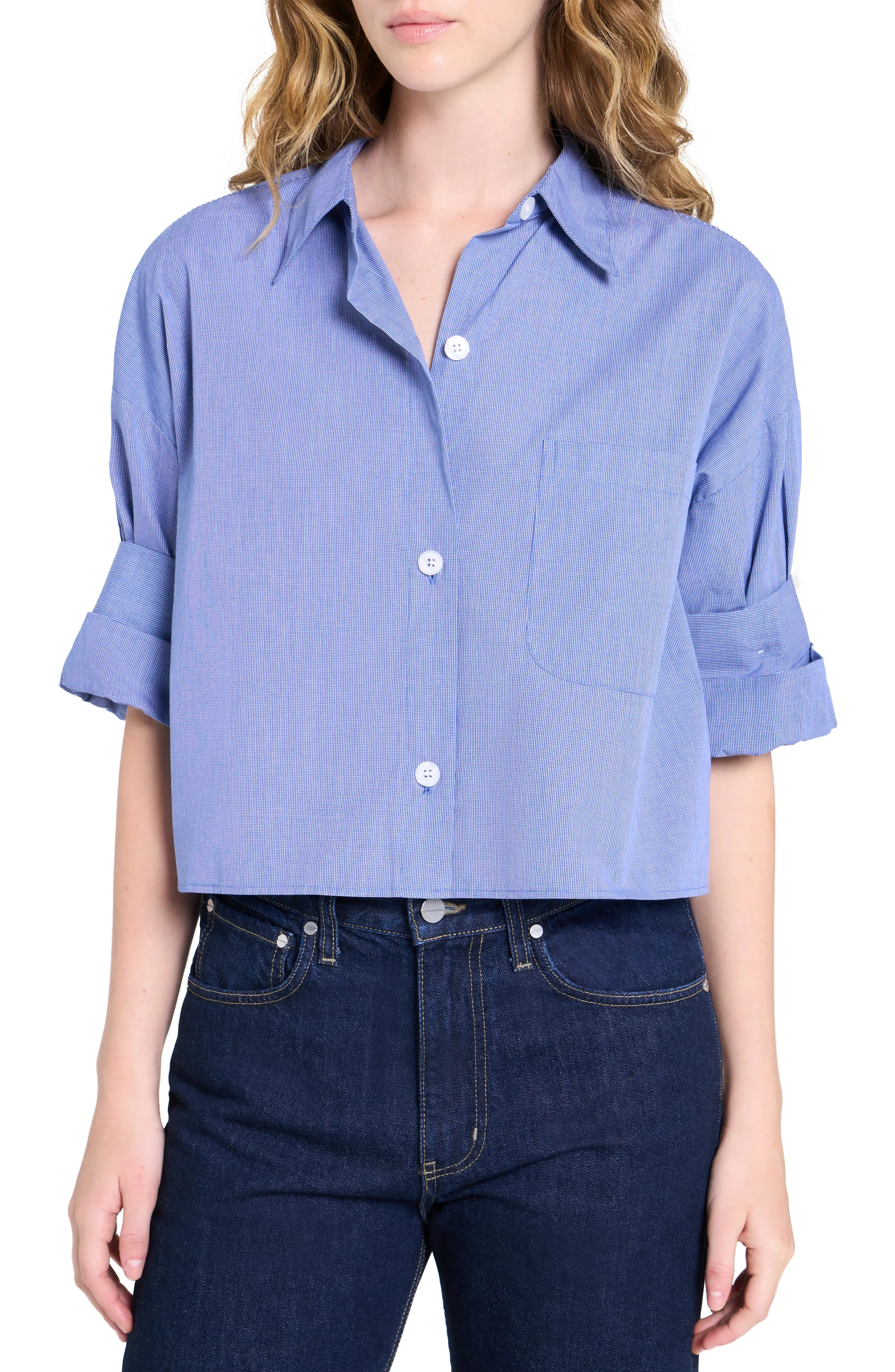 TWP Next Ex Crop Cotton Button-Up Shirt in White/Navy at Nordstrom, Size X-Small | Nordstrom