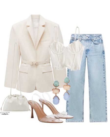 Belted blazer, lace bralette, jeans, crossbody bag and high heel shoes. Going out outfit, spring style.

#LTKshoecrush #LTKeurope #LTKstyletip
