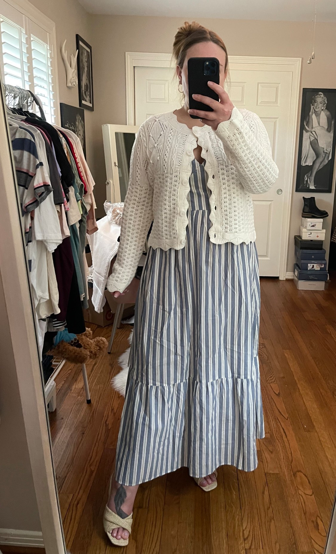 Spring style, spring dress, striped dress, knit cardigan, ivory cardigan, Target style, target dress, target outfit, Bump friendly dress, wedding guest dress, maxi dress, blue and white dresss, A line dress, cream cardigan, knit sweater 

#LTKMidsize #LTKBump #LTKootd