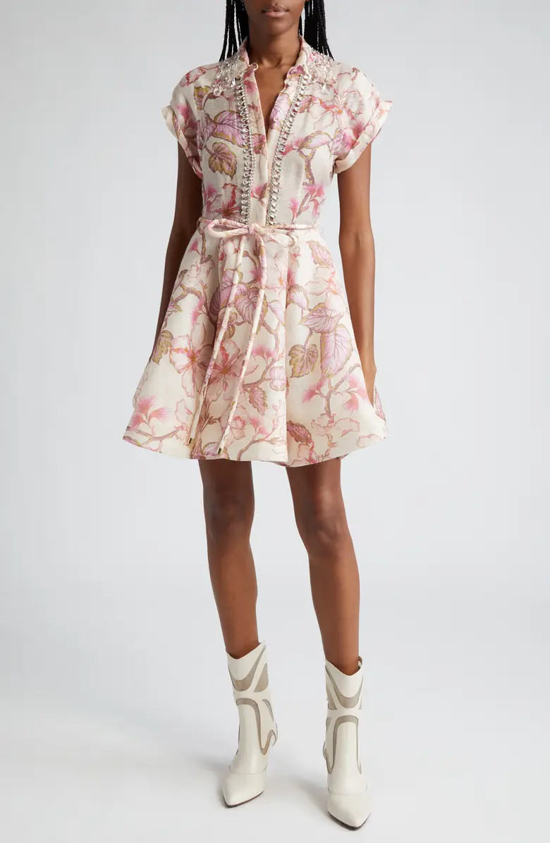 Zimmermann Matchmaker Crystal Embellished Belted Linen & Silk Organza Minidress | Nordstrom | Nordstrom