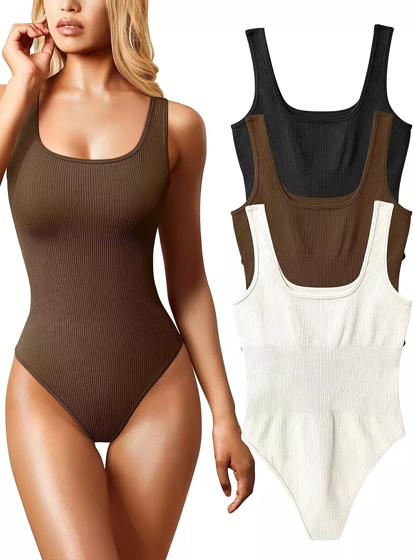 OQQ Women's 2 Piece Bodysuits Sexy Ribbed One Piece Long Sleeve Tops  Bodysuits Black Beige at  Women's Clothing store