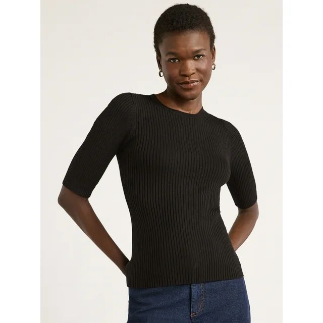 Scoop Women's Rib Knit Sweater with Elbow Length Sleeves, Lightweight, Sizes XS-XXL | Walmart (US)