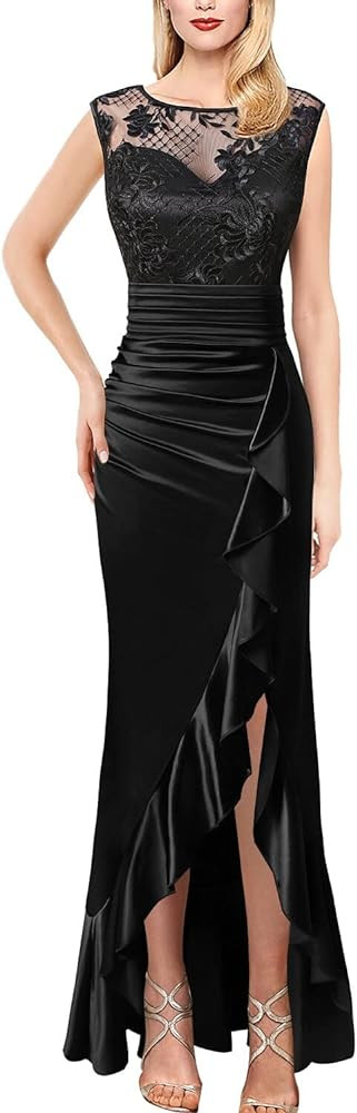 VFSHOW Womens Prom Illusion Sweetheart Formal Maxi Dress Cocktail Patchwork Ruched Ruffle High Sp... | Amazon (US)
