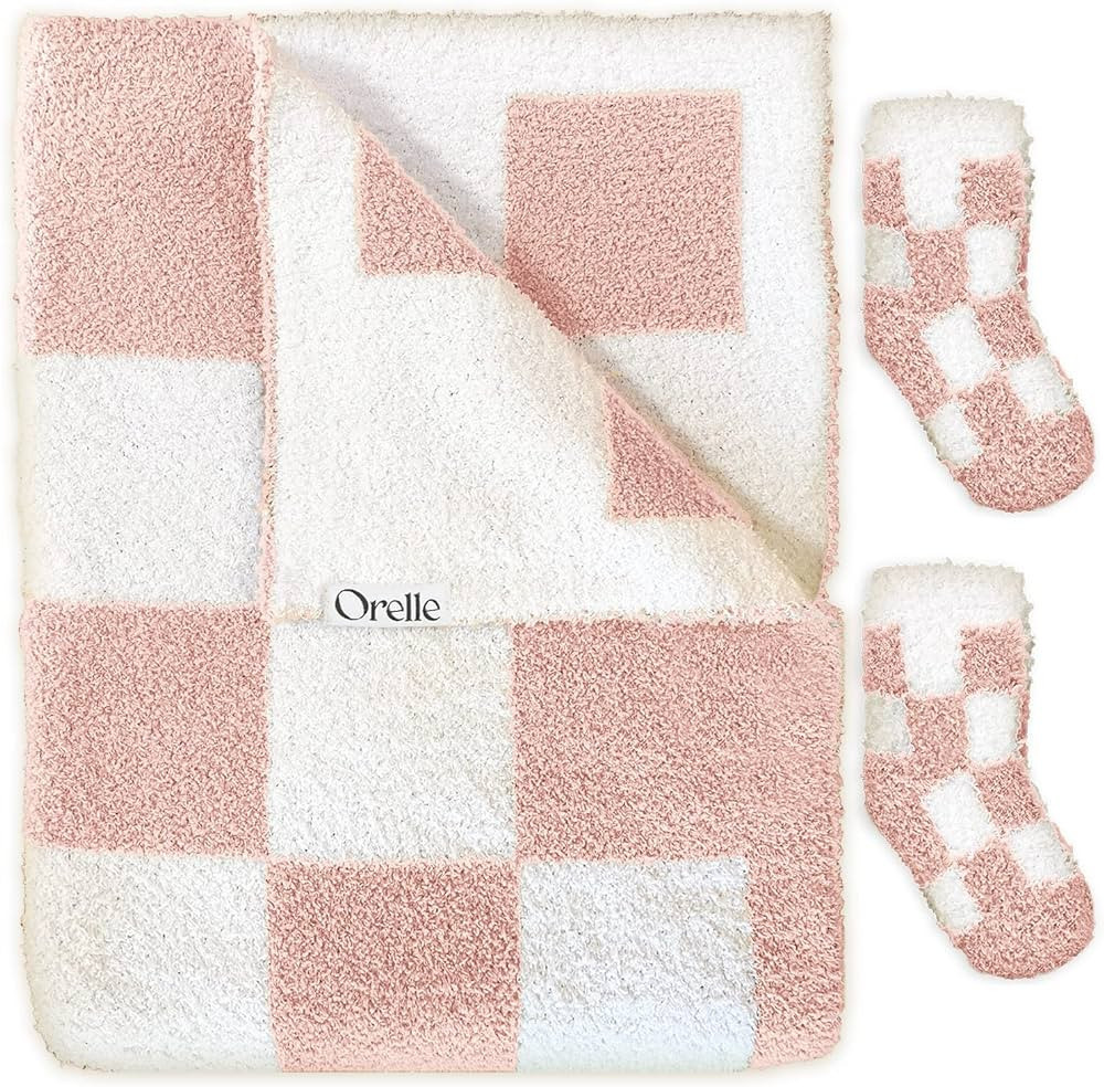 Orelle Checkered Baby Blanket & Socks Set - Cozy, Soft, Warm, Plush - Fluffy Receiving Blankets G... | Amazon (US)
