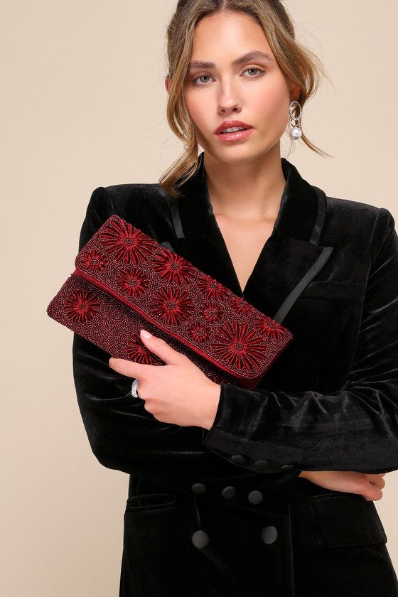 Exclusive Presence Wine Red Beaded Floral Clutch | Lulus (US)