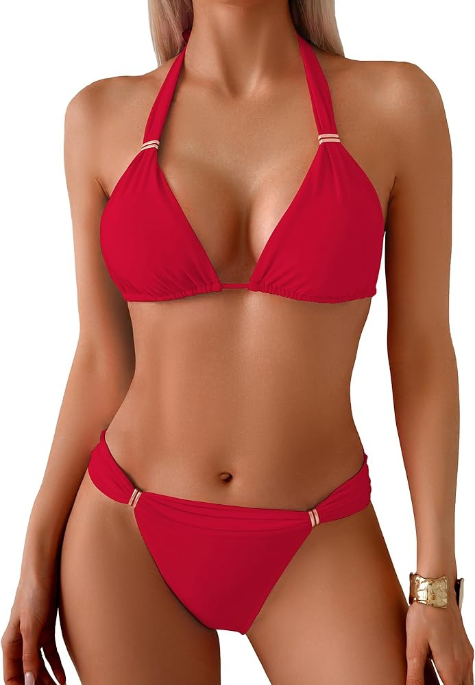 TASHEHE Women's Triangle Ruched Bikini Set Sexy Two Piece Swimsuit Halter Sliding Rings Bathing S... | Amazon (US)