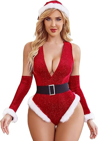 Avidlove Women Christmas Lingerie Bodysuits Sexy Deep V Plunging Teddy with Christmas Hat and Fin... | Amazon (US)