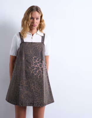 Topshop denim tailored pinafore dress in leopard print | ASOS | ASOS (Global)