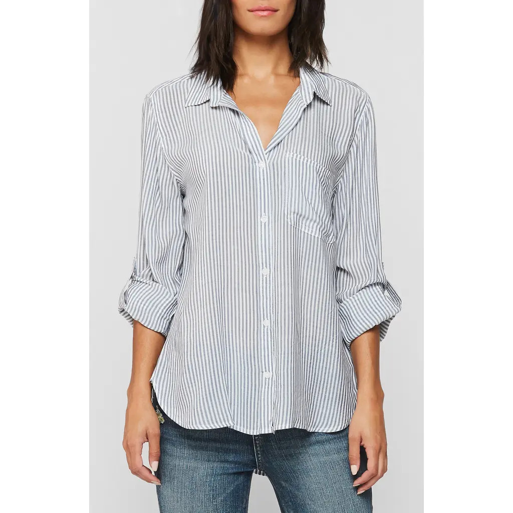 VELVET HEART Striped Hi-Lo Button Down Shirt in Indigo Stripe at Nordstrom Rack, Size X-Large | Nordstrom Rack