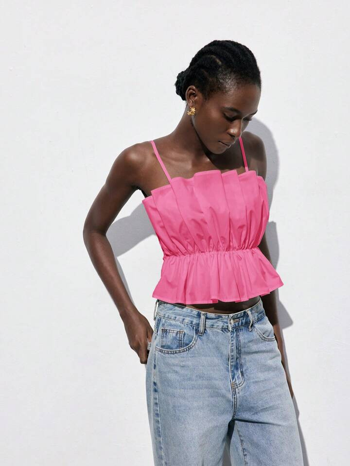 Maija Pleated Cinched Waist White Short Length Elegant Minimalist Fashion Pink Cami Top, Spring/S... | SHEIN