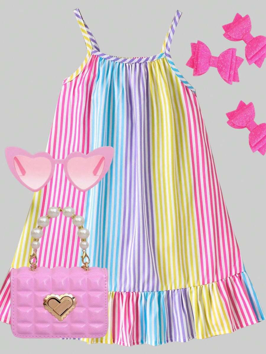 SHEIN Young Girl Woven Fabric Red Striped Digital Print Hem Ruffle Strap Sundress, Suitable For S... | SHEIN