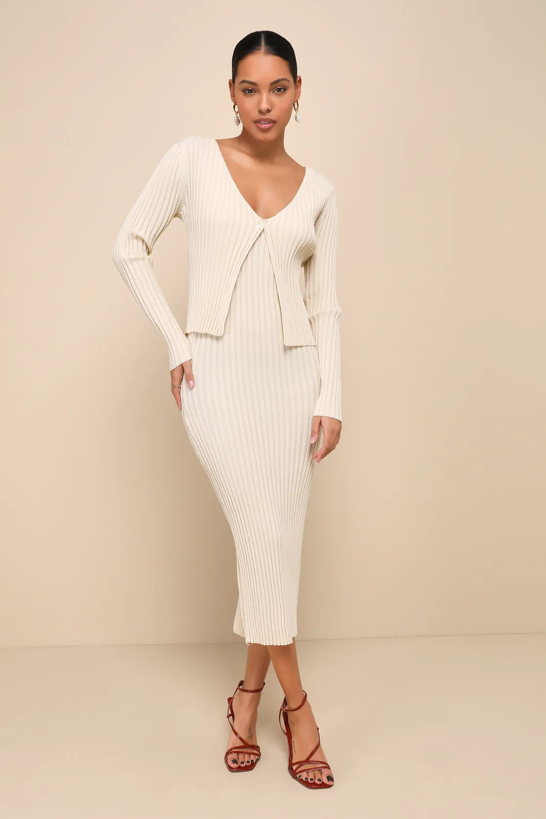 Flawless Duo Beige Ribbed Two-Piece Midi Dress & Cardigan Set | Lulus