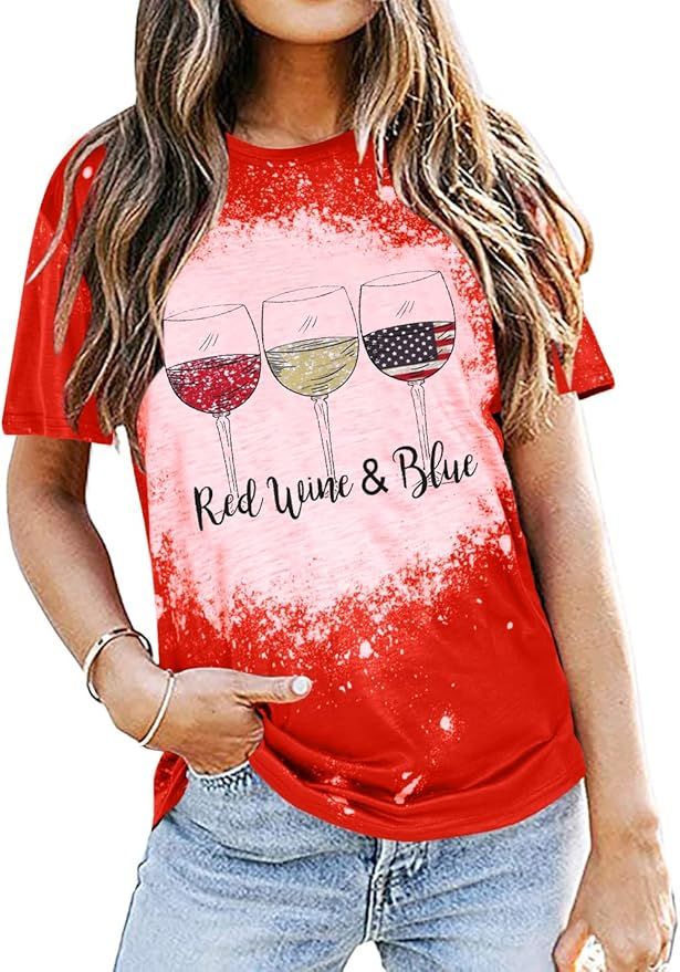 Women 4th of July T Shirt Red White Blue Wine Glasses Graphic Tee Top USA Flag Tee for Independen... | Amazon (US)