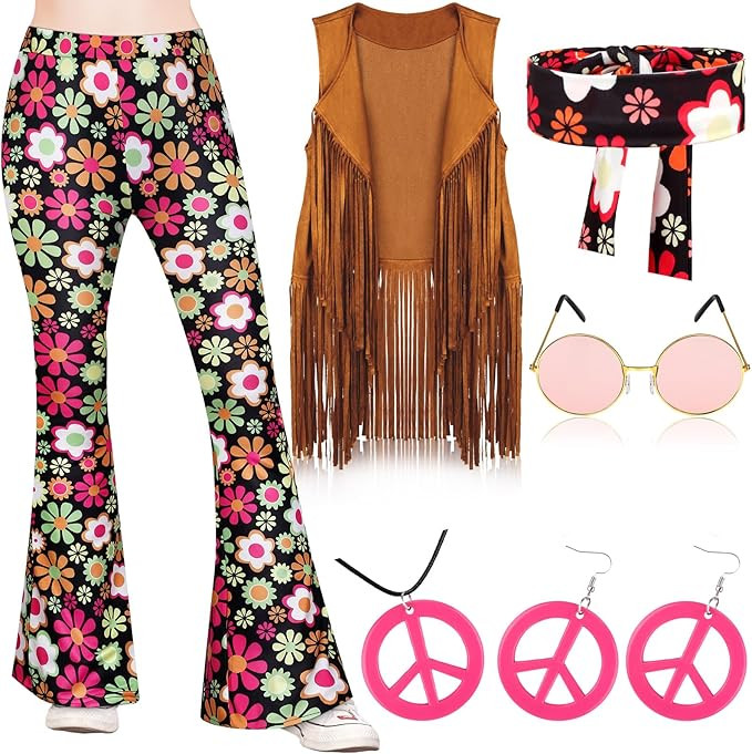 Jenaai 7 Pcs Kids 60s 70s Hippie Outfits for Girls Costume Set Boho Flared Pants Hippie Outfits A... | Amazon (US)