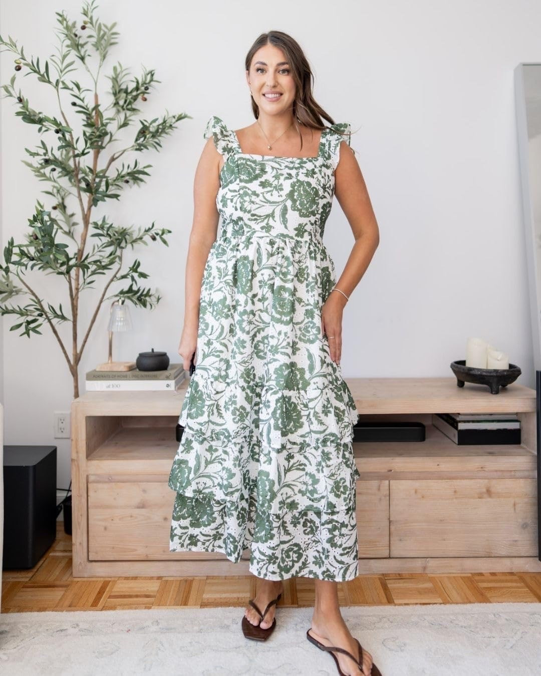 The prettiest green floral midi dress! 💚 From the flutter sleeves to the tiered skirt, this one is giving effortless feminine style!

Floral midi dress, green floral dress, midsize fashion, size 12/14, feminine outfits, fall transitional style, wedding guest dress, affordable fashion