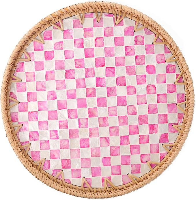 Round Rattan Tray with Mother of Pearl Inlay, Rattan Serving Tray for Coffee, Bread, Fruits, Deco... | Amazon (US)