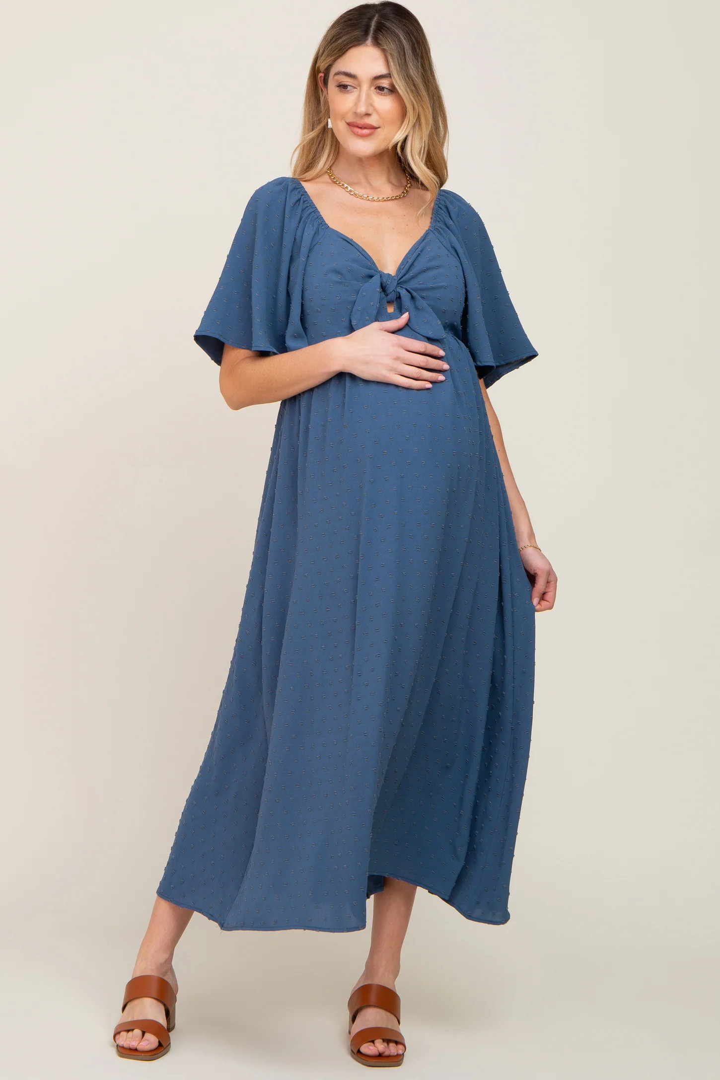 Navy Blue Textured Dot Front Tie Ruffle Sleeve Maternity Midi Dress | PinkBlush Maternity