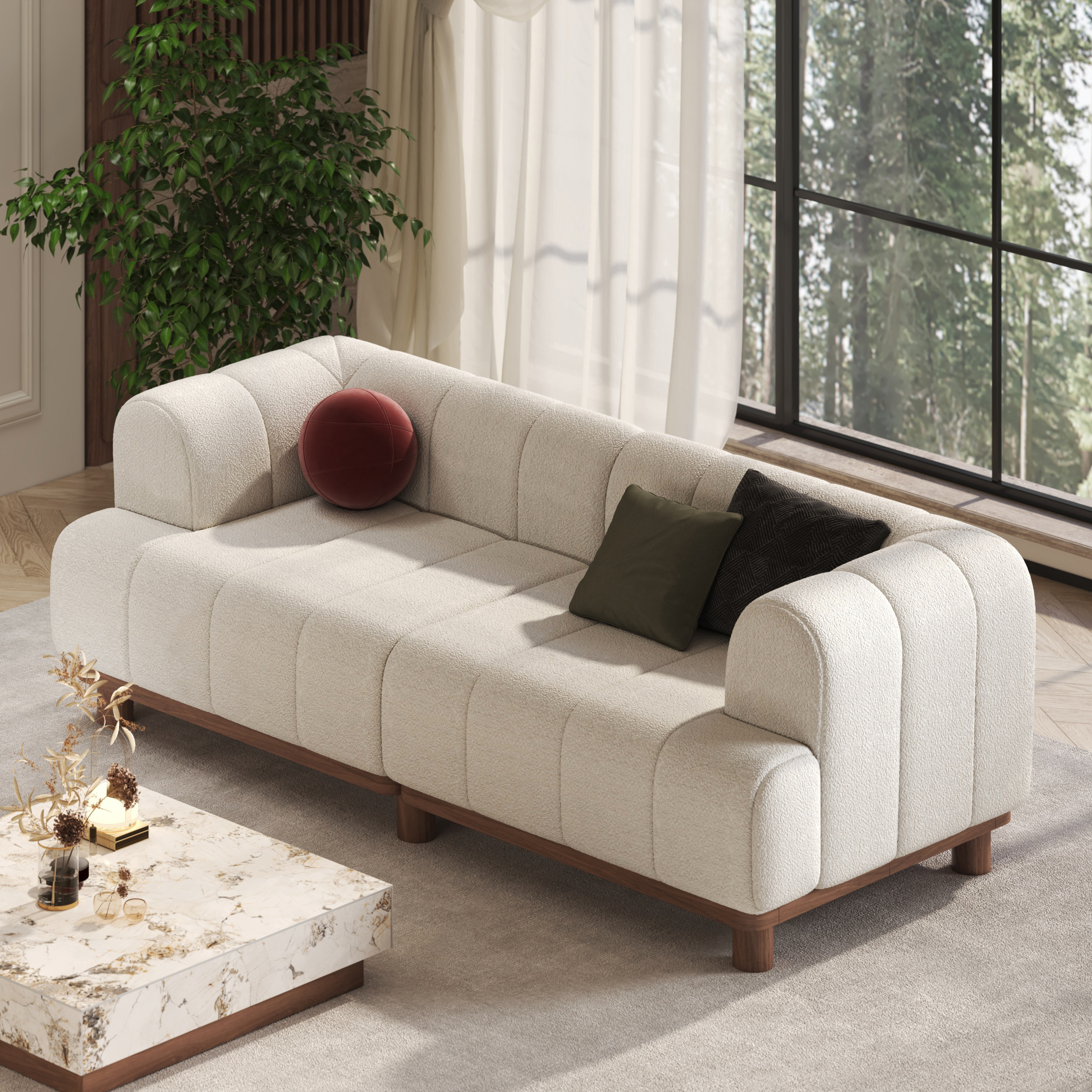 80"" Boucle Sofa Modern 2 Seater White Couch with Cushion | Homary