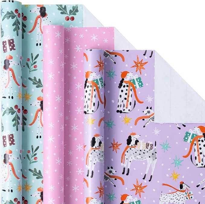LeZakaa Dog Christmas Wrapping Paper Roll, Dalmatian Dog & Gift Box, Pink Snowflake for Christmas... | Amazon (US)