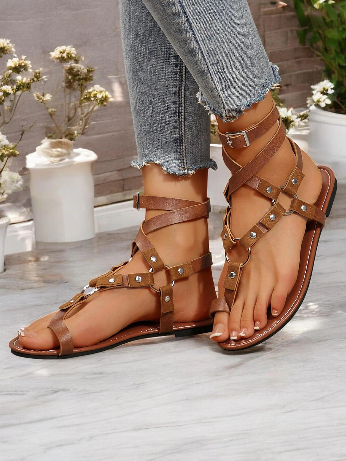 Women's Brown Gladiator Sandals with Strappy Design, Studded Details and Flat Sole for Summer Cas... | Lightinthebox