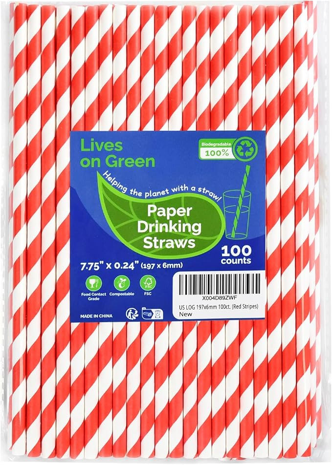 Disposable 7.75 inch Red White Striped Paper Straws Biodegradable 100 Counts - for Drinking, Cock... | Amazon (US)